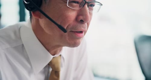 Call center, mouth and businessman with mic in office for consultation online with feedback