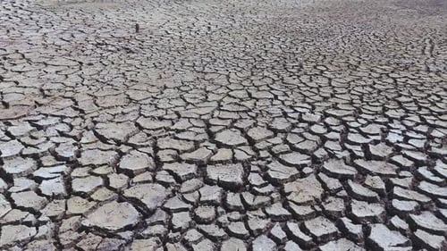 Dry and cracked gray soil ground during drought, viewed from above. top view. earthquake cracking ho