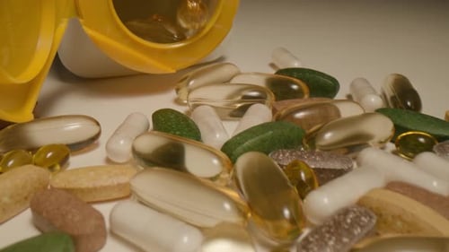 Pills and Supplements Scattered on a White Surface