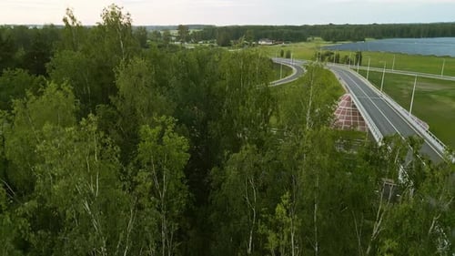 A vista aérea da estrada florestal e do lago é fascinante, ideal para amantes da natureza que buscam serenidade e