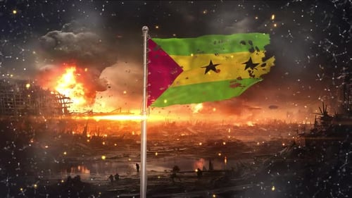 La bandera de Santo Tomé y Príncipe ondea en la guerra desgarrada y dañada