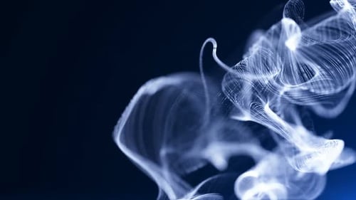 Abstract digital blue color wave with flowing small particles dance motion on wave.
