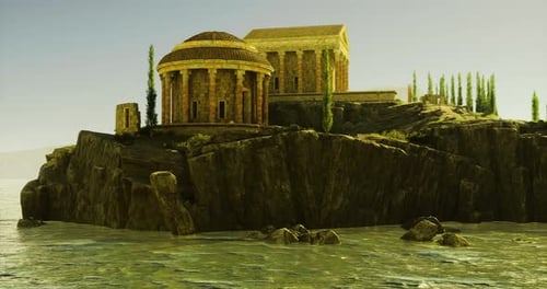 Ancient Temple Structure on a Rocky Island Surrounded By Water