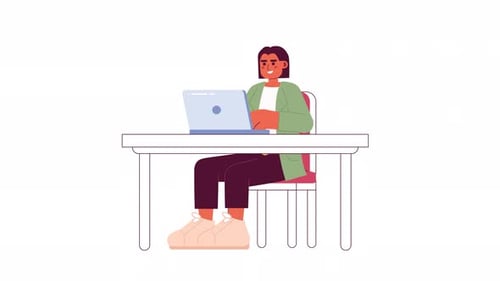 Flat Design Animation of Person Working on Laptop at Desk