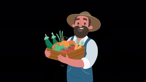 Farmer Holding A Fruit And Vegetable Basket 4K On Alpha Channel