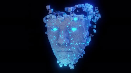 3D-Pixel-Kopf mit leuchtenden Augen und schwebenden Würfeln auf dunklem Hintergrund