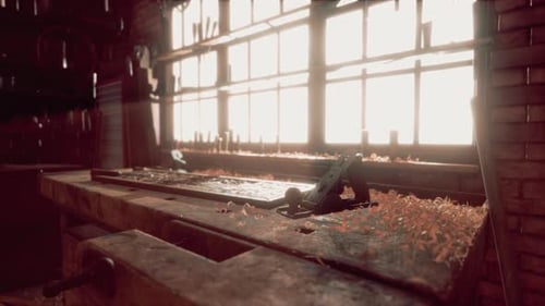 Vintage Wild West Carpenter Shop Interior with Antique Tools
