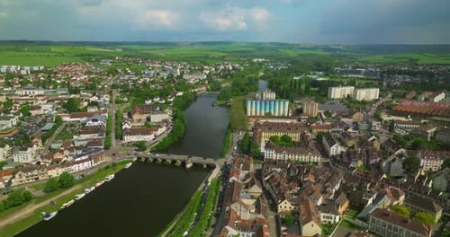 Aerial Drone Shot of Streets in the Cityscape of French City on a Sunny Summer Day in France