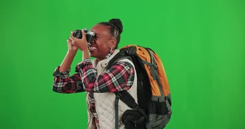 Photography, green screen or black woman in studio to travel with copy space taking pictures as