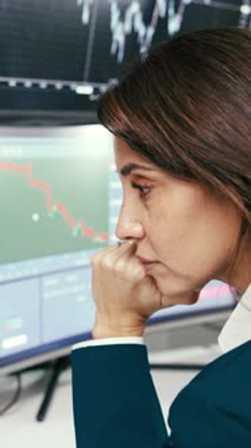 Reading, finance and business woman on computer screen for trading, stock market or investment