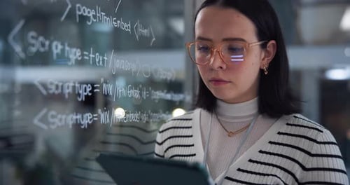 Tablet, woman and coding for solution in office with equation on glass, programming languages