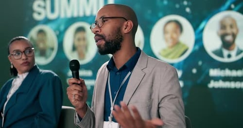 Man, microphone and talking for business summit as presenter, guest or event host in panel