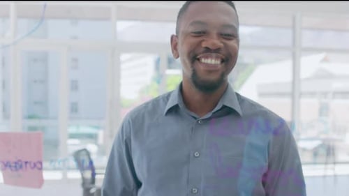 Business, brainstorming and happy man thinking of notes for research, agenda