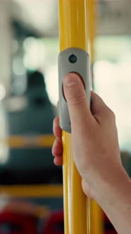 Press, hands and stop button in bus for travel, passenger destination and request signal