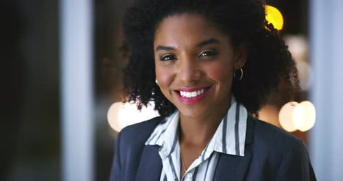 Face, happy and black woman in business office, corporate company or workplace at night