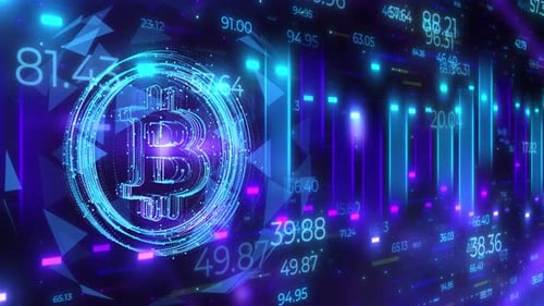 Futuristic Digital Bitcoin with Dynamic Financial Data Background