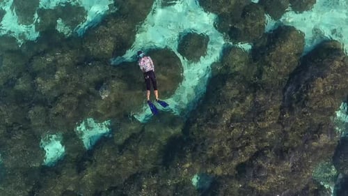 Vue aérienne d'une femme faisant de la plongée en apnée parmi les coraux et les récifs, Maldives.