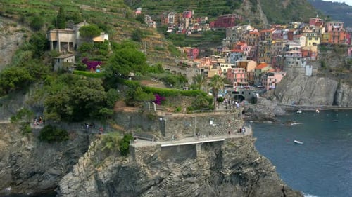 Aerial 4K footage of Manarola, Cinque Terre in Italy.