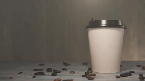 Animated Coffee Cup with Steam on Wooden Background