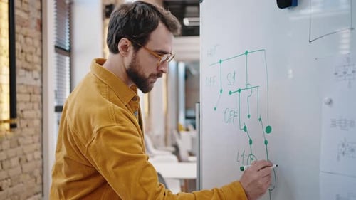 Un jeune homme à lunettes dessine le schéma d'un prototype d'appareil moderne