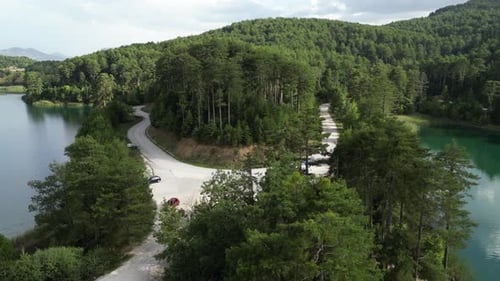 Aerial footage over a road in the trees, forest, close to the lake, at sunny day