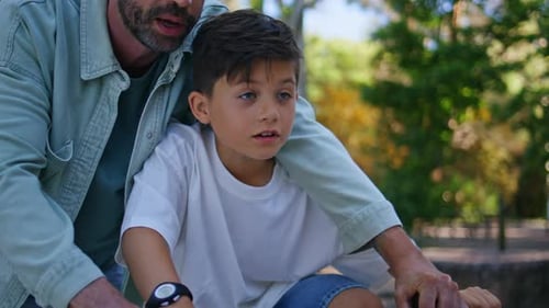 Boy Father Riding Cycle Summer Sunny Urban Park Closeup Kid Dad Bicycle Sport