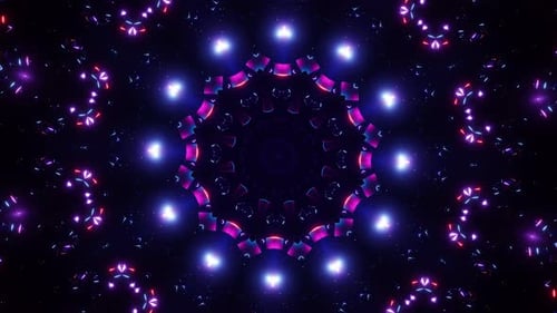 Circular pattern of red and blue lights on black background. Kaleidoscope VJ loop