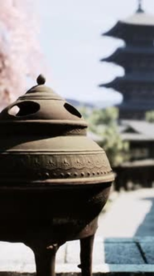 Traditional Japanese Incense Burner with Temple Pagoda