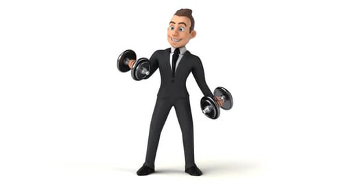 Lustiger 3D-Cartoon-Geschäftsmann mit Gewichten