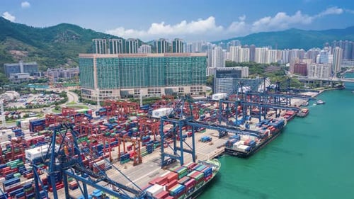 aerial view hyperlapse 4k video of container cargo ship in export and import business and logistics