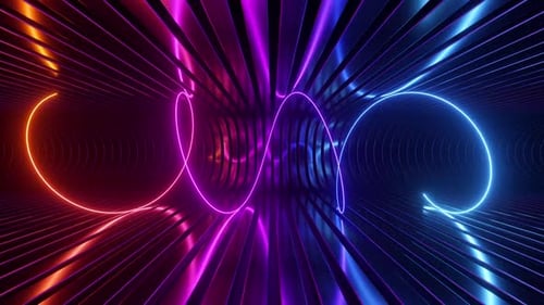 Dynamic neon light wave flowing through abstract modern tunnel design