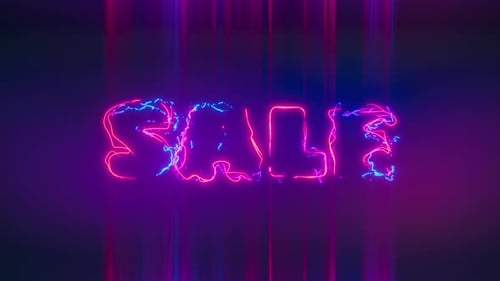 Sale uppercase text in colorful neon letters and lightnings. Loop 4K Background.