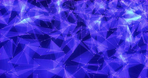 Abstrakter Hintergrund aus glänzenden blauen und lila Glasdreiecken mit Linien und Punkten Hightech-Digital-Tri