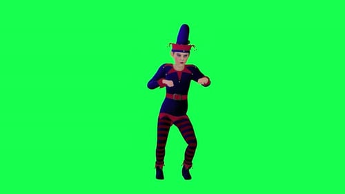 Elfo animado en 3D bailando y vitoreando en ángulo frontal en pantalla verde