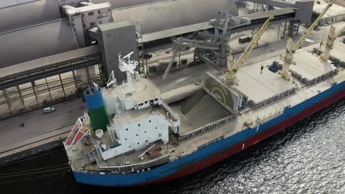 food crisis 2023. loading grain into holds of sea cargo vessel.