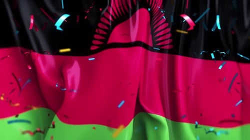 Malawi Flag Waving with Falling Confetti Celebration Background