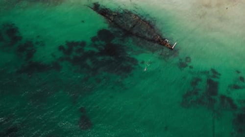 Aerial View of Shipwreck in Clear Blue Waters Near Coastal Beach at Noon