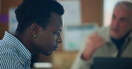 Listening, meeting and planning with business man in office for discussion