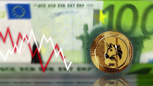Pièce à cryptomonnaie Uniswap Uni sur une boucle de billets de 100 euros
