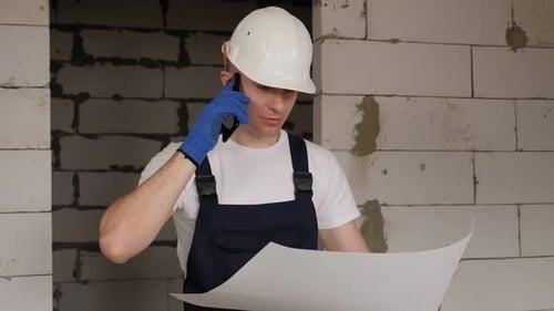 A Man in a Helmet on a Construction Site with Drawings and Talking on the Phone