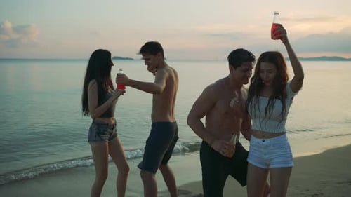 Group friend drink and drunk clinking beer alcohol dancing enjoy life freedom beach