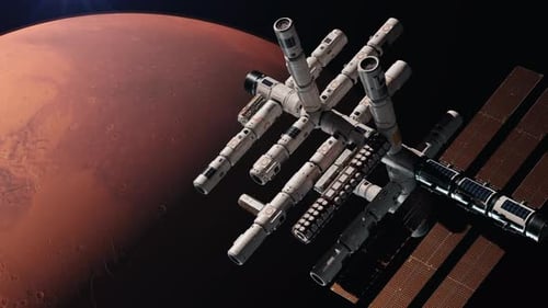 a space station in space orbiting mars. the concept of space travel and exploration