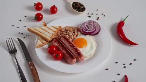 English Breakfast - fried egg, tomatoes and sausage on White Background. Close up