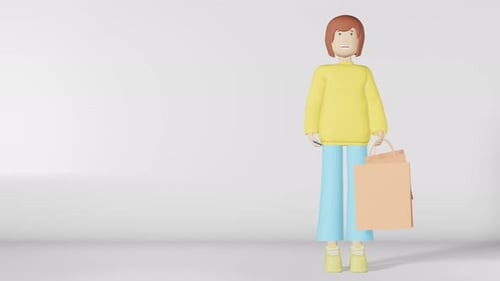 3d character girl shopping bag loop animation 4K white background Woman buyer with smartphone 4K
