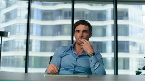 Man Working Metaverse Cyberspace Watching Virtual Transparent Screen Close Up