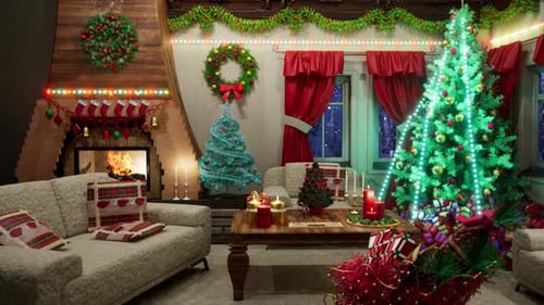 Christmas living room with a burning fireplace Still 4K Animation 01
