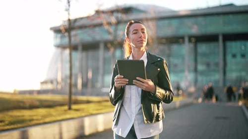 Portrait Caucasian Young Woman Who Left Business Center and Walking on Outdoors Holding and Using