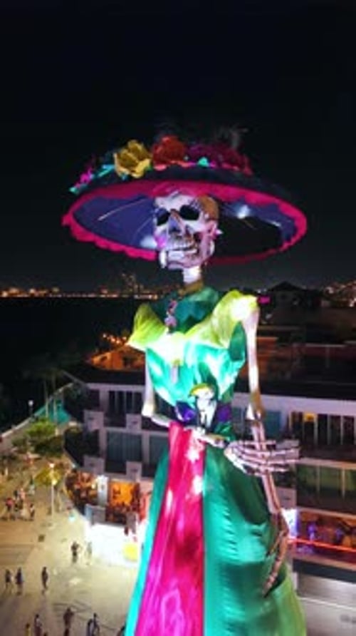 Close Up Of Giant Illuminated Catrina Celebrating Day Of The Dead In Puerto Vallarta, Mexico