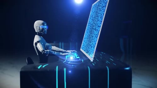 Futuristic Robot Typing Code on Digital Screen Animation