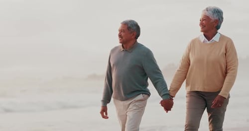 Beach, senior happy couple and holding hands, walking and marriage partner care